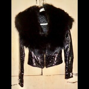 Patent Croco Vegan Leather Fox Collar Coat NWOT